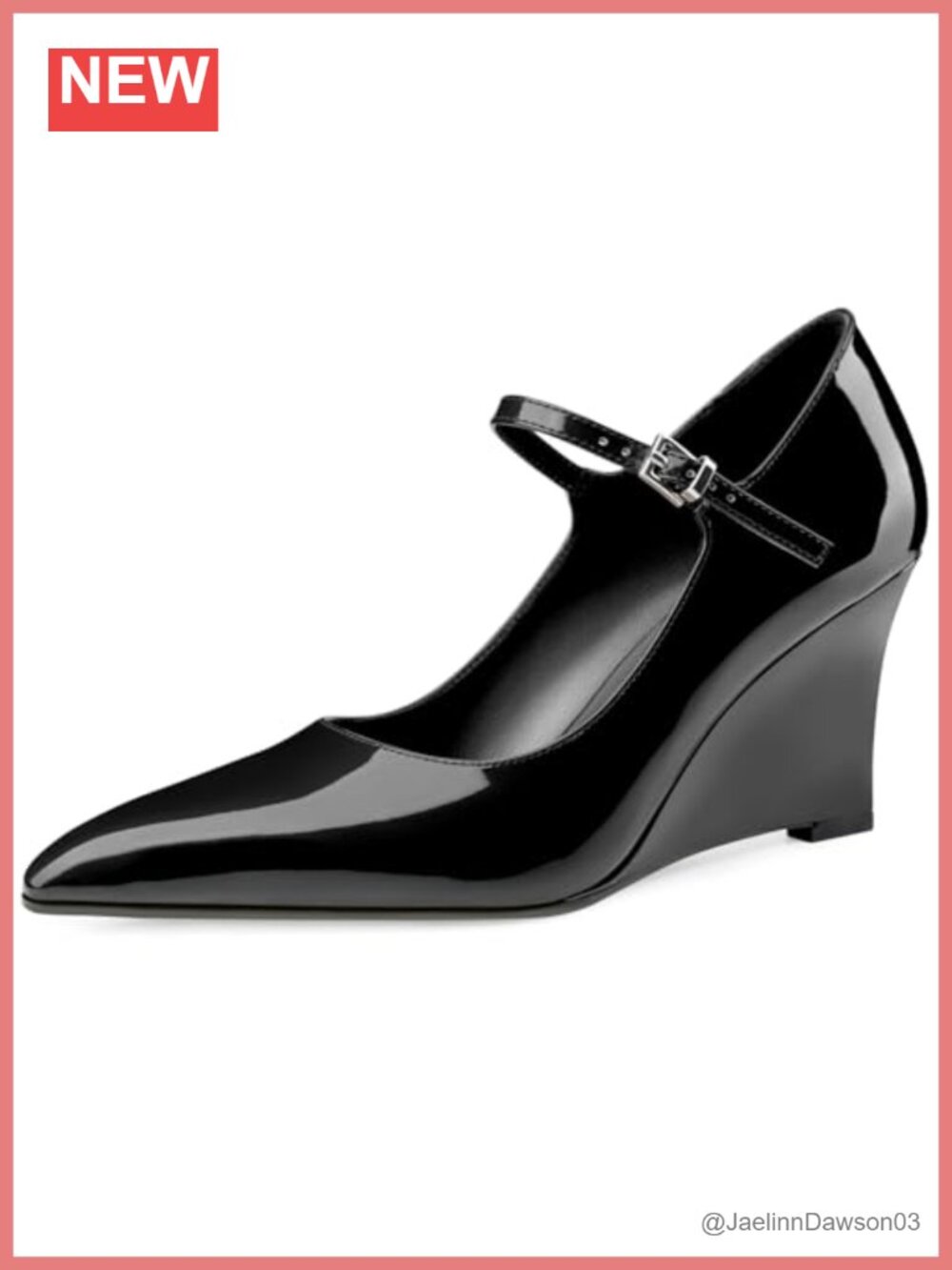 Womens Pointed Toe Mary Jane Wedge Pumps Ankle Strap Patent Leather 3.35in Heel